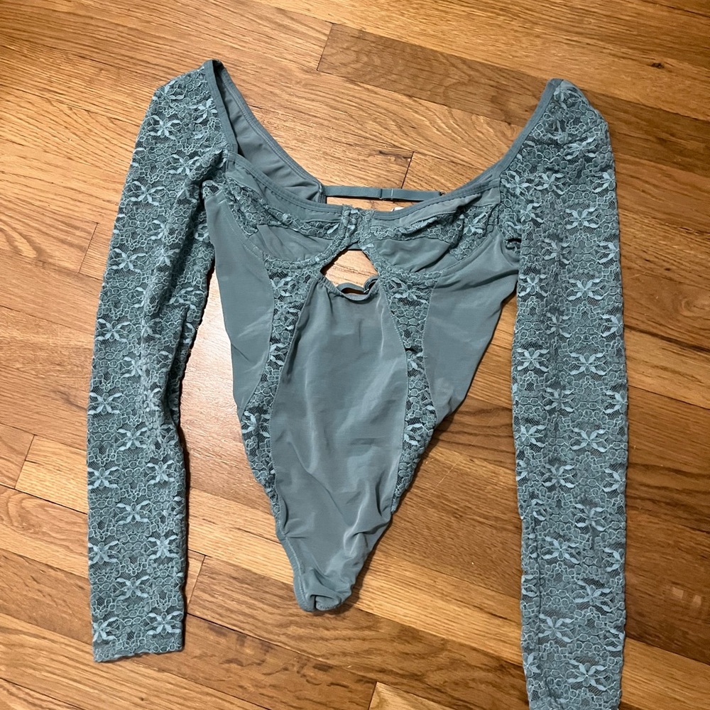 UO Lace Long Sleeve Bodysuit in Teal